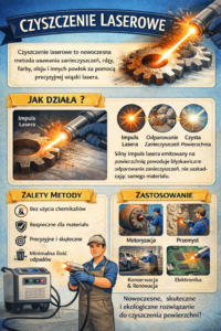 Ilustracja przedstawiająca proces czyszczenia laserowego z opisem metody i jej zastosowań w r&oacute;żnych branżach