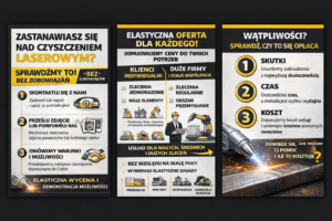 Plakat promujący usługi czyszczenia laserowego z informacjami o ofercie i korzyściach dla klient&oacute;w