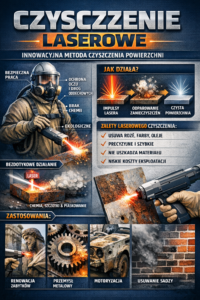 Infografika przedstawiająca metodę czyszczenia laserowego z zastosowaniami i zaletami tej technologii