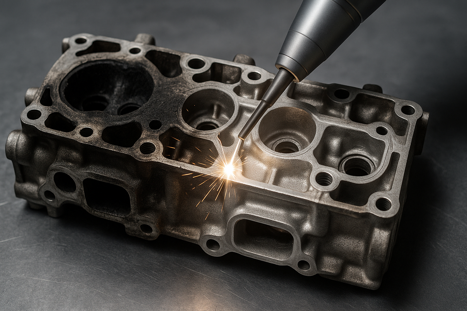 Obiekt metalowy z wycięciami, na kt&oacute;rym widać iskrę podczas obr&oacute;bki narzędziem