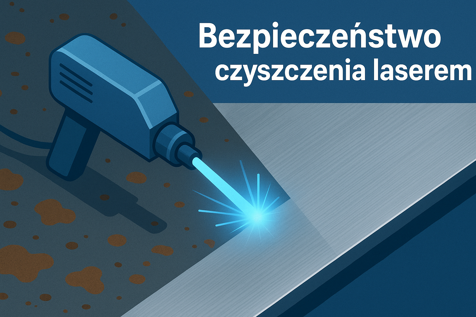 Ilustracja przedstawiająca urządzenie do czyszczenia laserem na tle metalowej powierzchni z plamami
