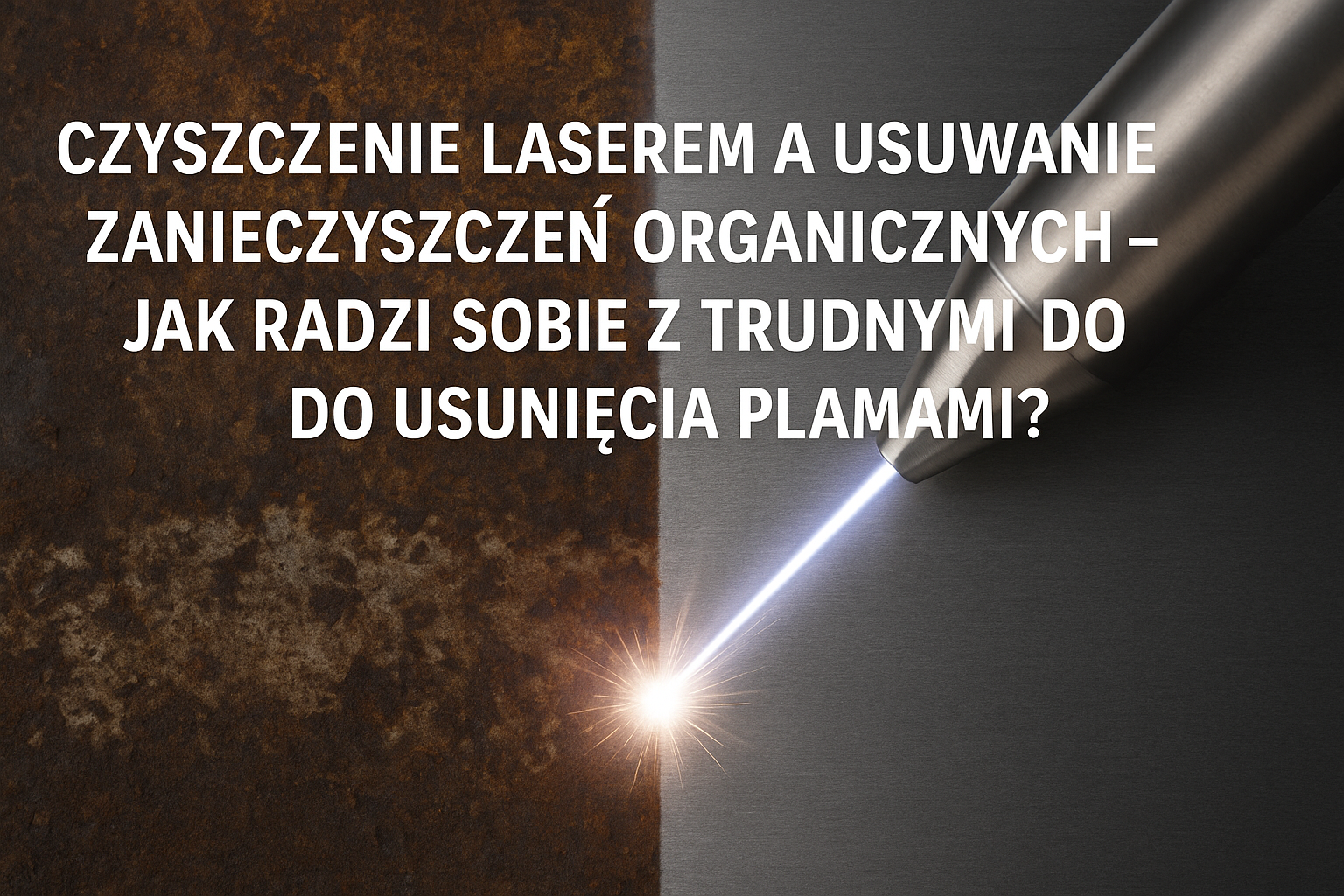 Obrazek przedstawia laser czyszczący metal, z tekstem o usuwaniu zanieczyszczeń organicznych