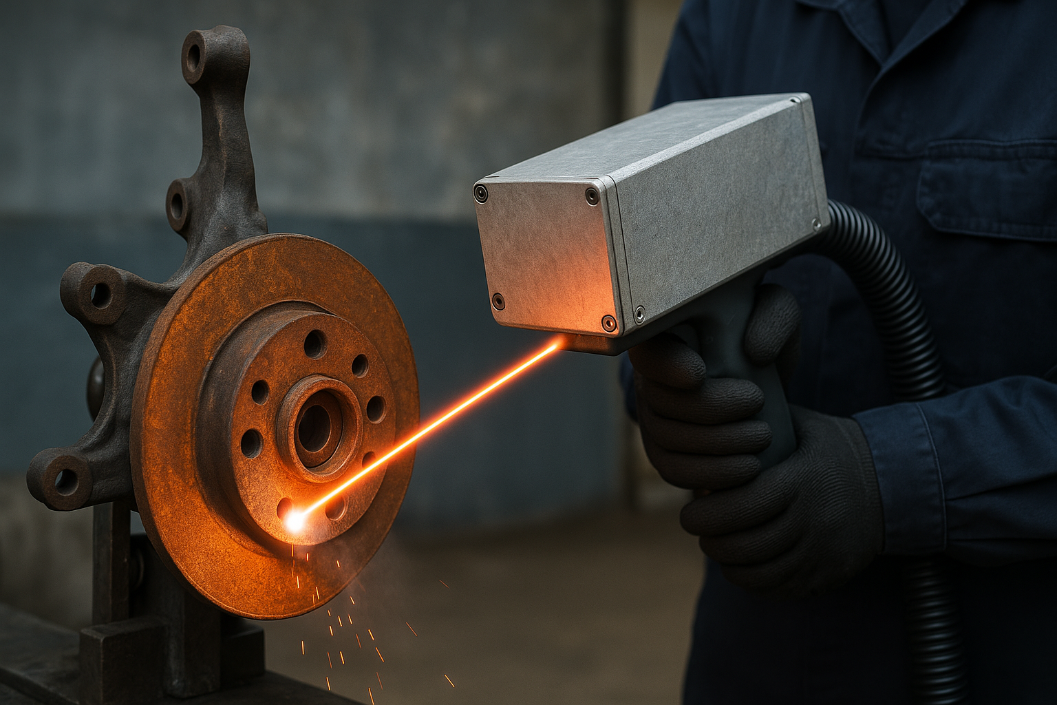 Osoba używająca lasera do obr&oacute;bki metalowej części, na tle warsztatu przemysłowego