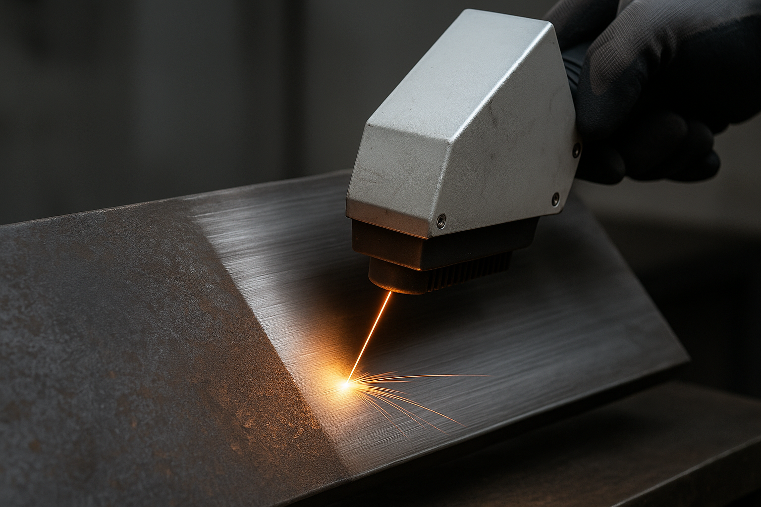 Ręka trzymająca narzędzie laserowe, kt&oacute;re emituje światło na metalowej powierzchni