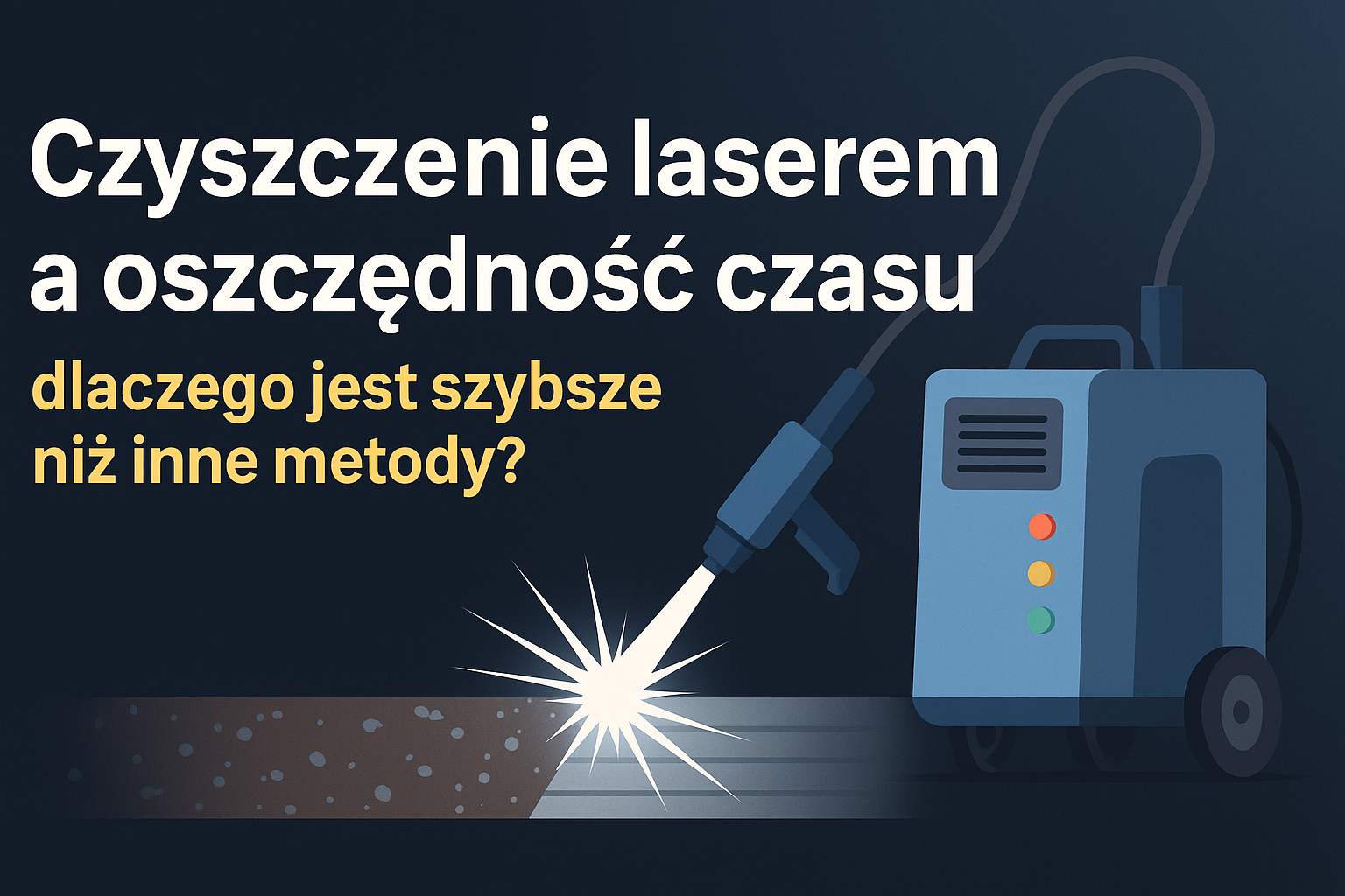 Grafika przedstawiająca urządzenie do czyszczenia laserowego i tekst o oszczędności czasu w por&oacute;wnaniu do innych metod