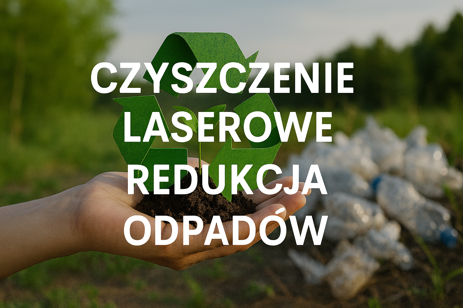 Ręka trzymająca symbol recyklingu na tle zanieczyszczonego terenu z plastikowymi odpadami
