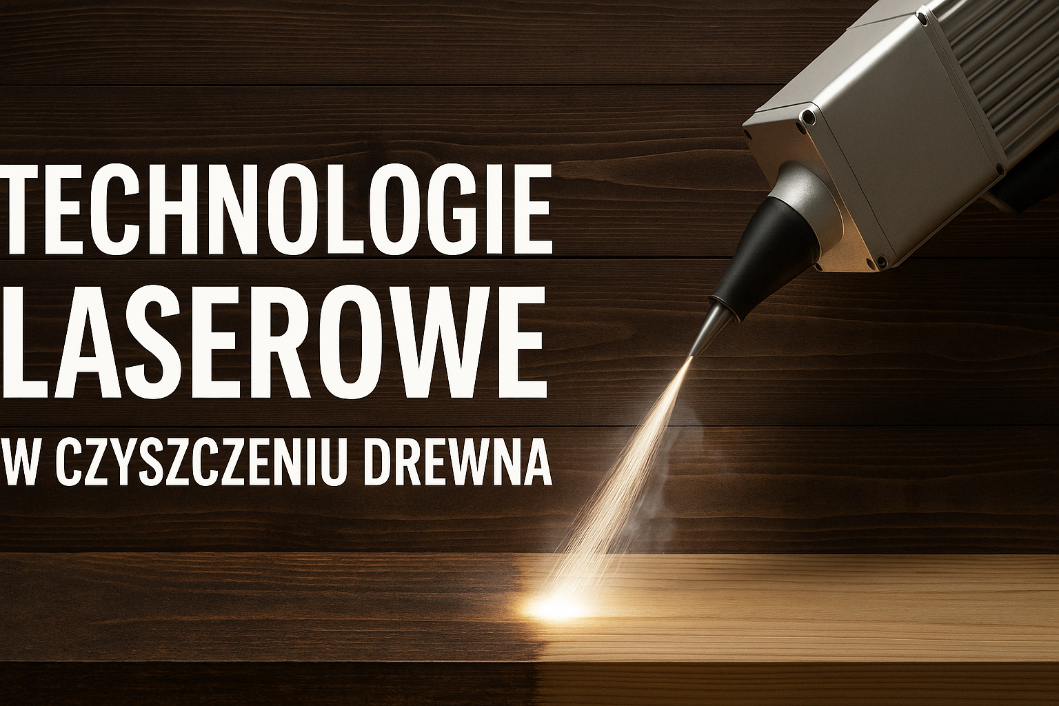 Technologia laserowa do czyszczenia drewna, pokazująca strumień lasera na powierzchni drewna