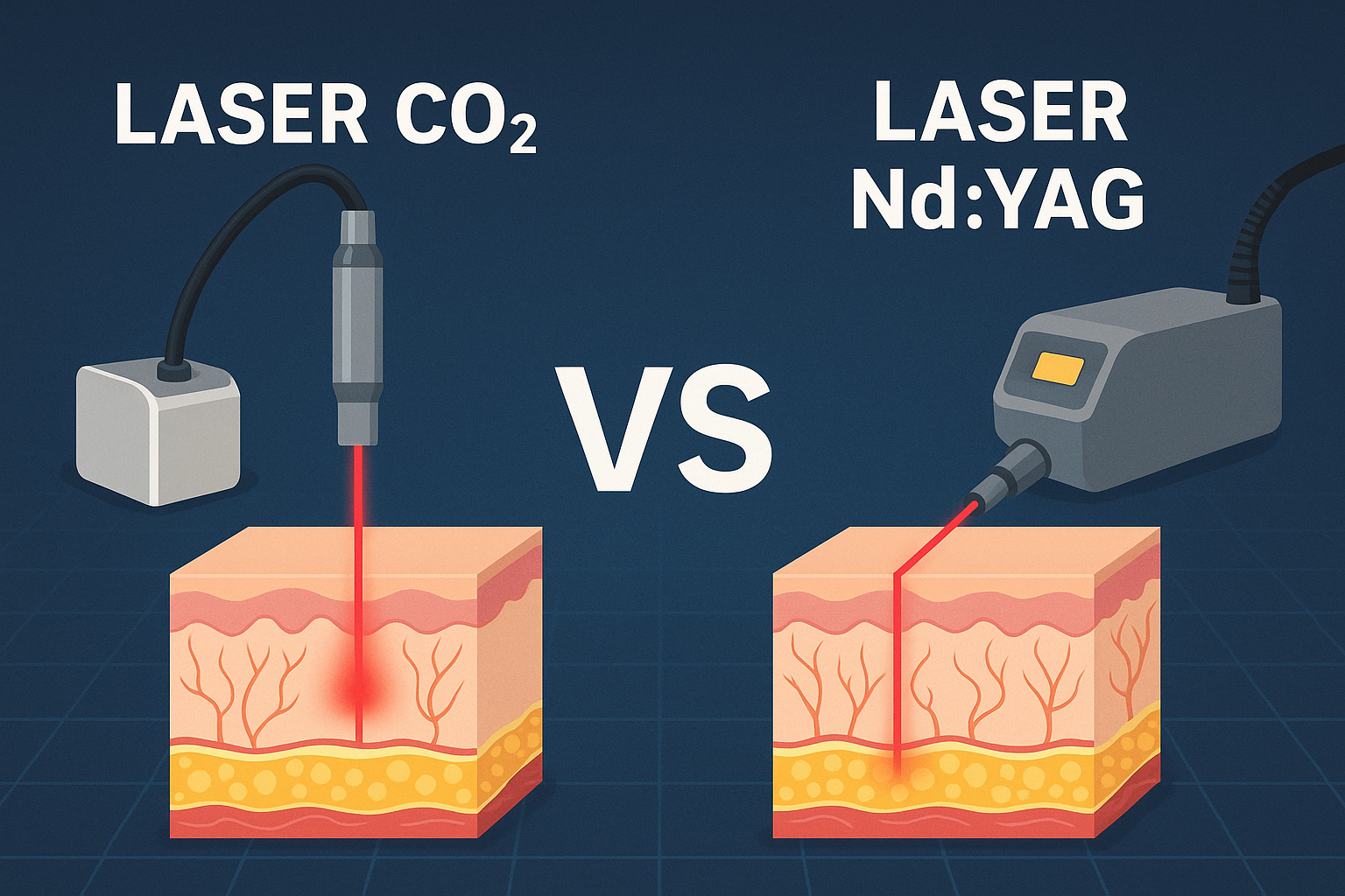 Por&oacute;wnanie laser&oacute;w CO2 i Nd YAG na schemacie przedstawiającym działanie na sk&oacute;rę