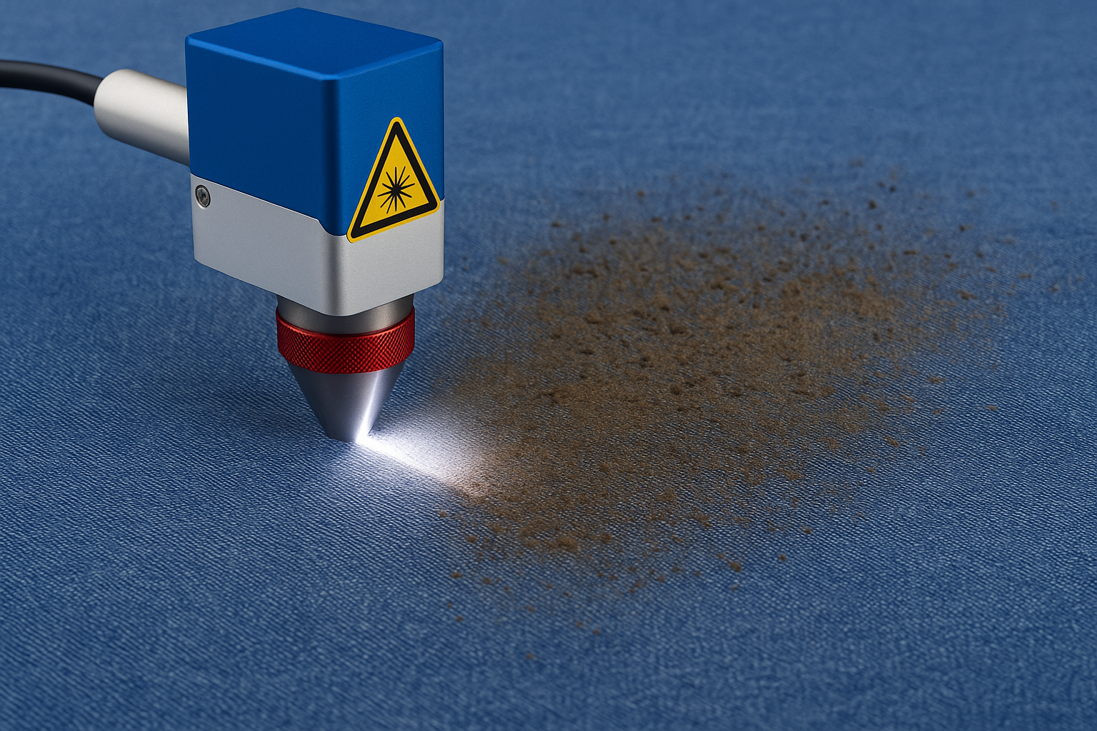 Urządzenie laserowe na niebieskim tle, emitujące światło i usuwające zanieczyszczenia z materiału