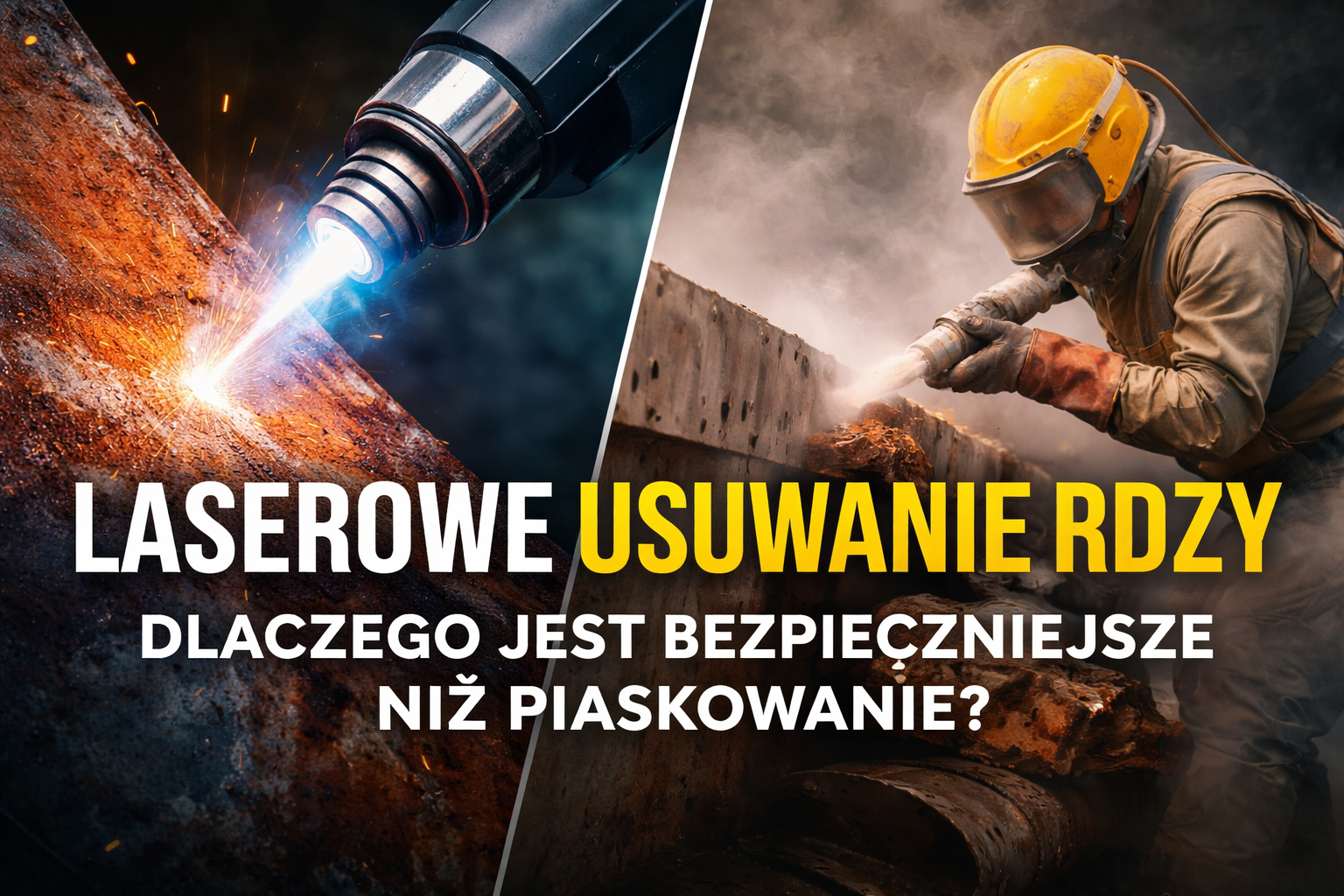 Laserowe usuwanie rdzy obok tradycyjnego piaskowania, ukazujące r&oacute;żnice w technikach
