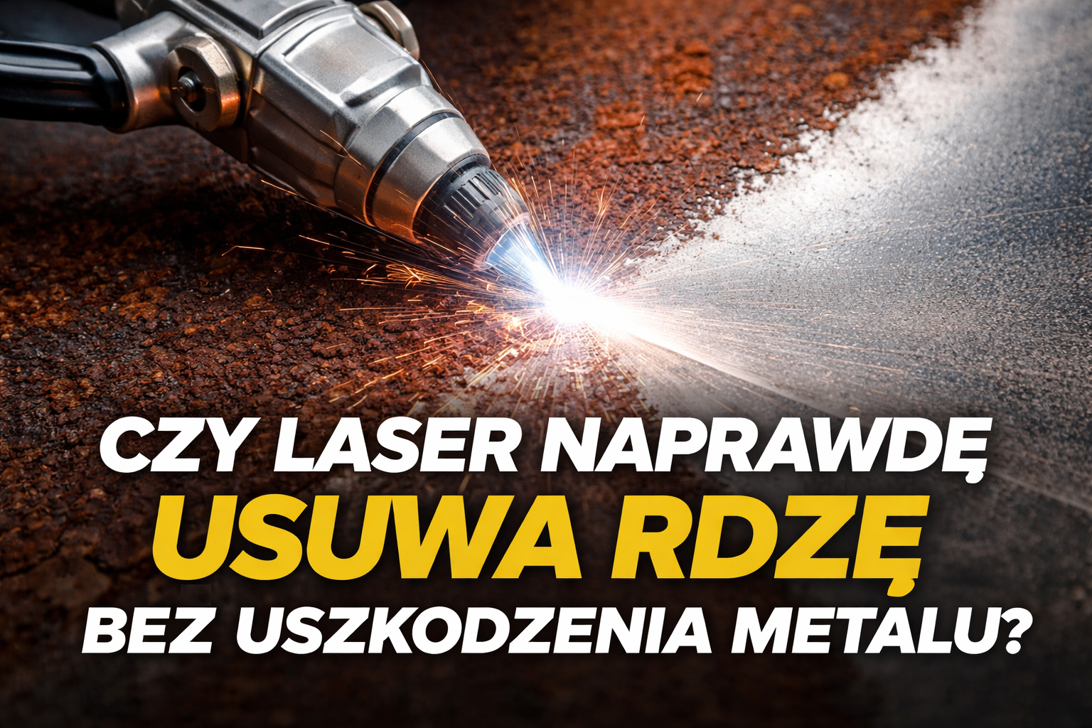 Urządzenie laserowe usuwa rdzę z metalu, generując iskry na tle zardzewiałej powierzchni