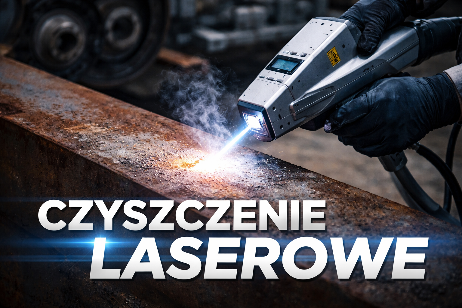 Urządzenie do czyszczenia laserowego metalu, emitujące światło i dym na zardzewiałej powierzchni