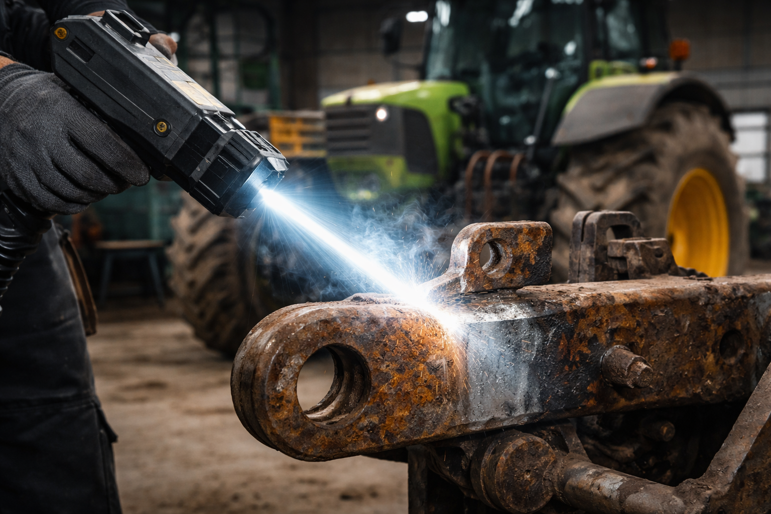 Osoba trzymająca narzędzie spawalnicze, kt&oacute;re emituje światło na metalowy element w warsztacie. W tle traktor
