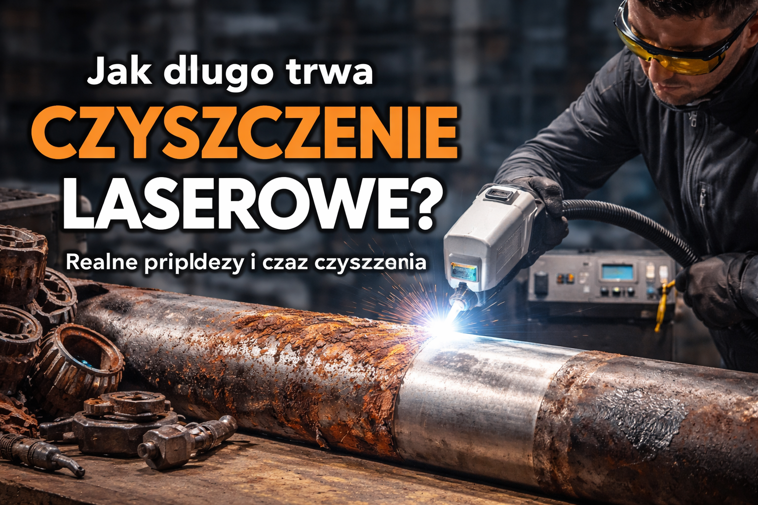 Mężczyzna używa lasera do czyszczenia metalowej rury w warsztacie, otoczony narzędziami i częściami