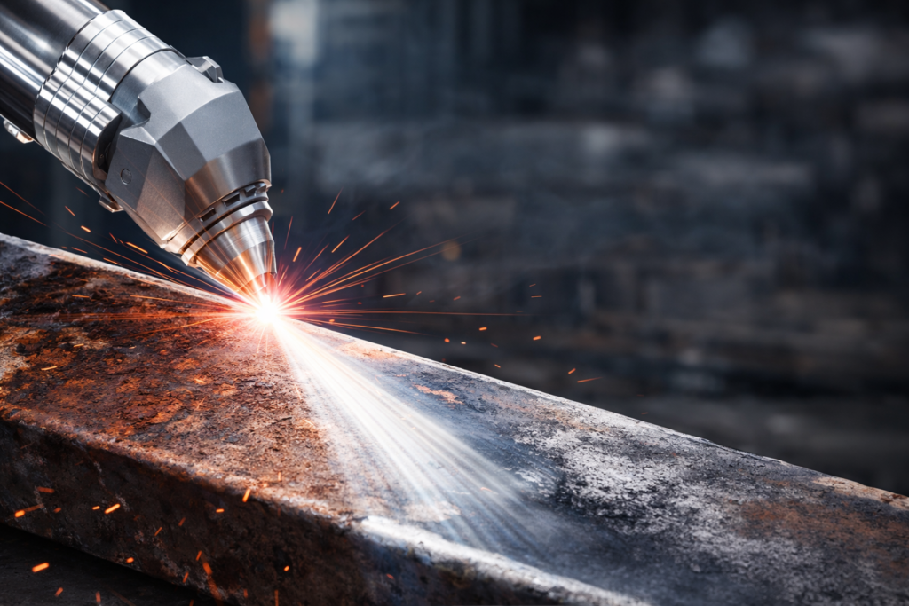 Laser tnący metal, wydobywające się iskry i intensywne światło na tle przemysłowego otoczenia