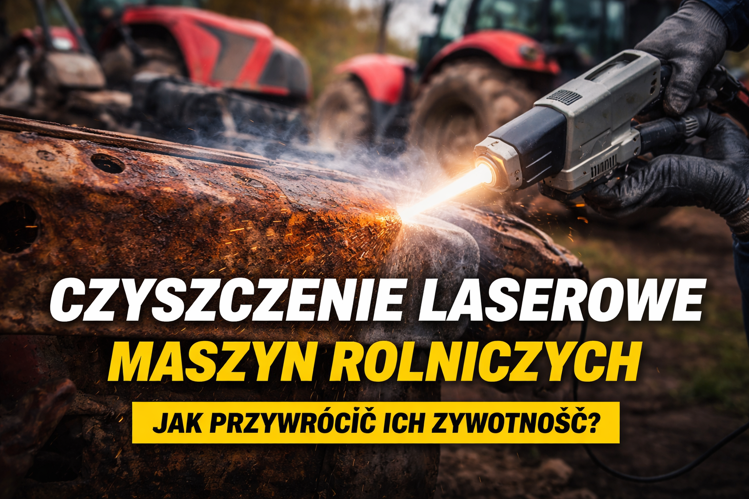 Czyszczenie laserowe maszyn rolniczych, pokazujący proces usuwania rdzy i zanieczyszczeń