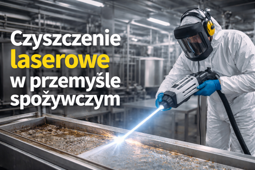 Pracownik w kombinezonie używa lasera do czyszczenia powierzchni w przemyśle spożywczym