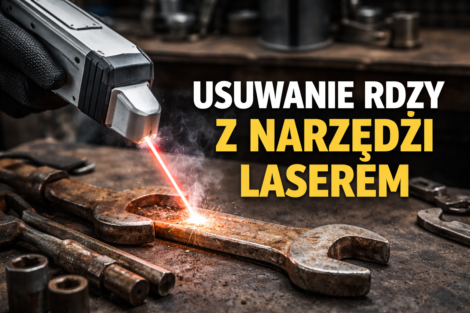 Laserowe usuwanie rdzy z narzędzi na warsztatowym stole, obok metalowych kluczy