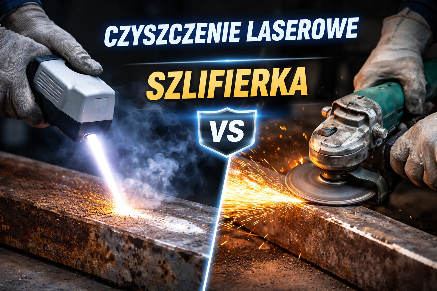 Por&oacute;wnanie czyszczenia laserowego i szlifierki na tle metalowej powierzchni z iskrami i dymem