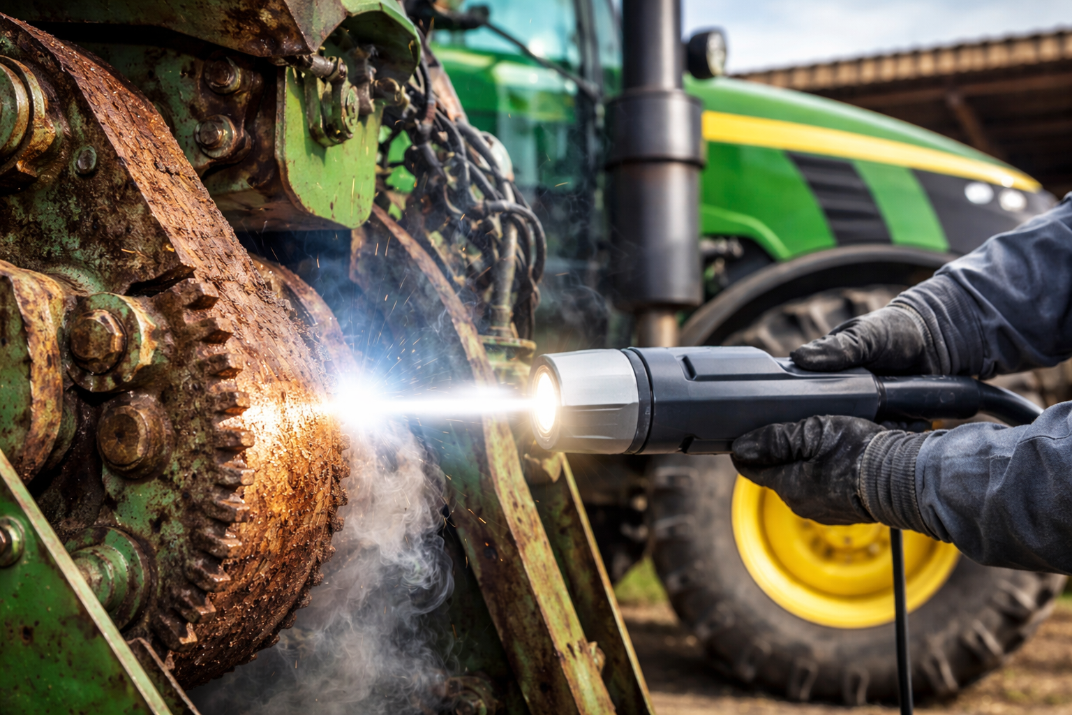 Osoba naprawiająca maszynę rolniczą, używając latarki do oświetlenia zardzewiałego mechanizmu