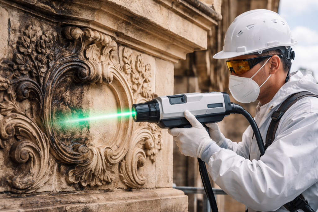 Pracownik konserwacji używa lasera do czyszczenia zdobionej powierzchni kamiennej