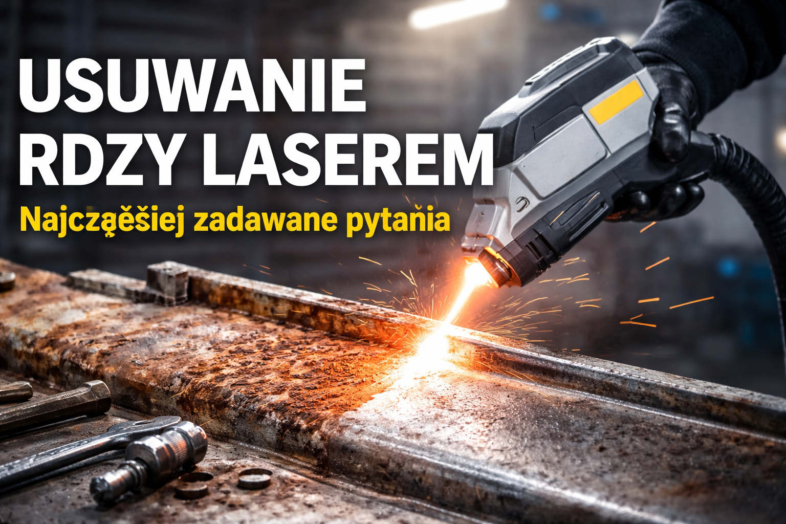 Urządzenie do usuwania rdzy laserem w akcji, z widocznymi iskrami na metalowej powierzchni