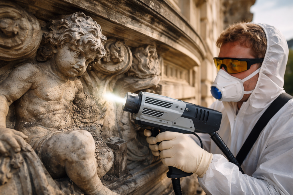 Mężczyzna w kombinezonie ochronnym czyści rzeźbę aniołka za pomocą specjalistycznego urządzenia