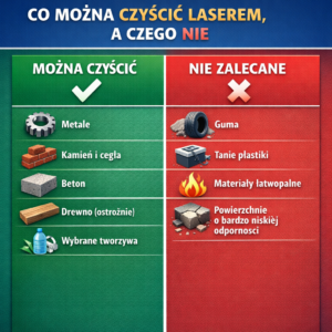 Tabela przedstawiająca materiały, kt&oacute;re można czyścić laserem oraz te, kt&oacute;rych nie należy używać