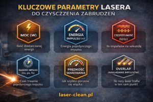 Kluczowe parametry lasera do czyszczenia zabrudzeń, przedstawione w formie graficznej z opisami