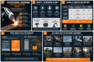 Infografika przedstawiająca zalety i koszty czyszczenia laserowego oraz por&oacute;wnanie z tradycyjnymi metodami