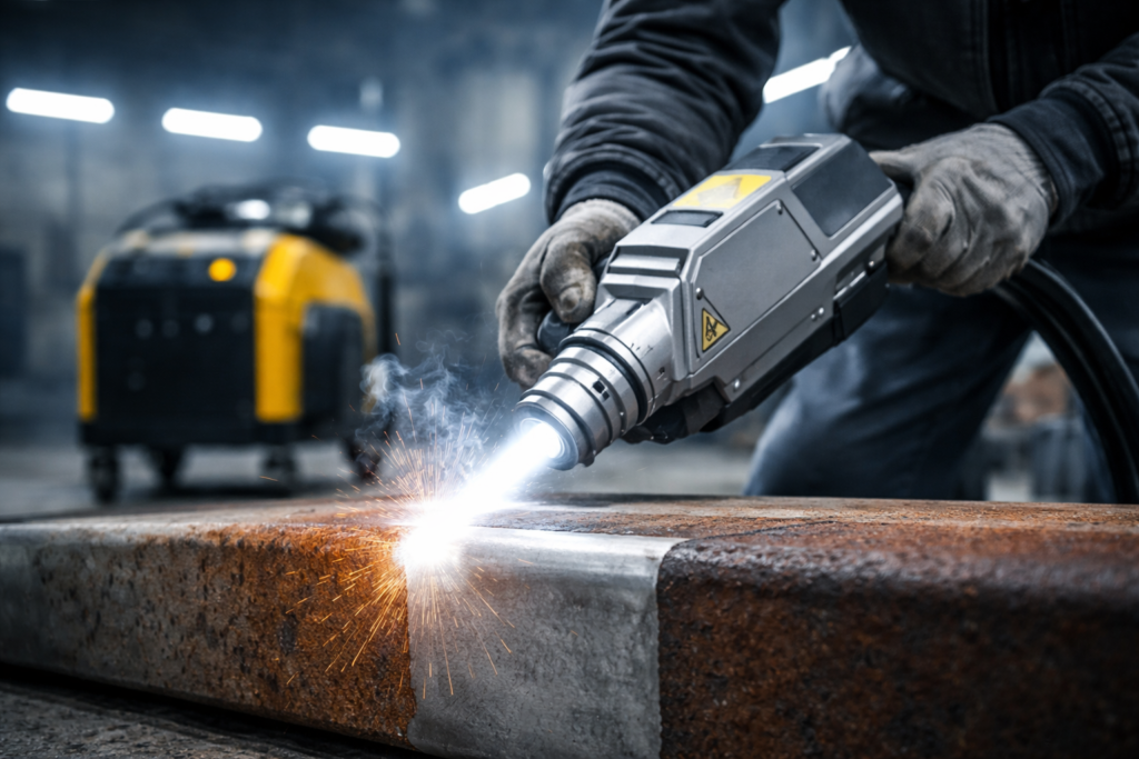 Mężczyzna używa narzędzia do spawania, generując iskry na metalowej powierzchni w warsztacie