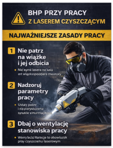 Plakat z zasadami BHP przy pracy z laserem, zawierający trzy kluczowe wskaz&oacute;wki dotyczące bezpieczeństwa