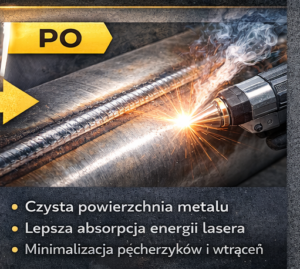 Obrazek przedstawia metalową powierzchnię z efektem cięcia laserowego oraz tekst o korzyściach technologii