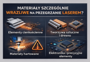 Grafika przedstawiająca materiały wrażliwe na przegrzanie laserem, w tym elementy cienkościenne i elektronikę