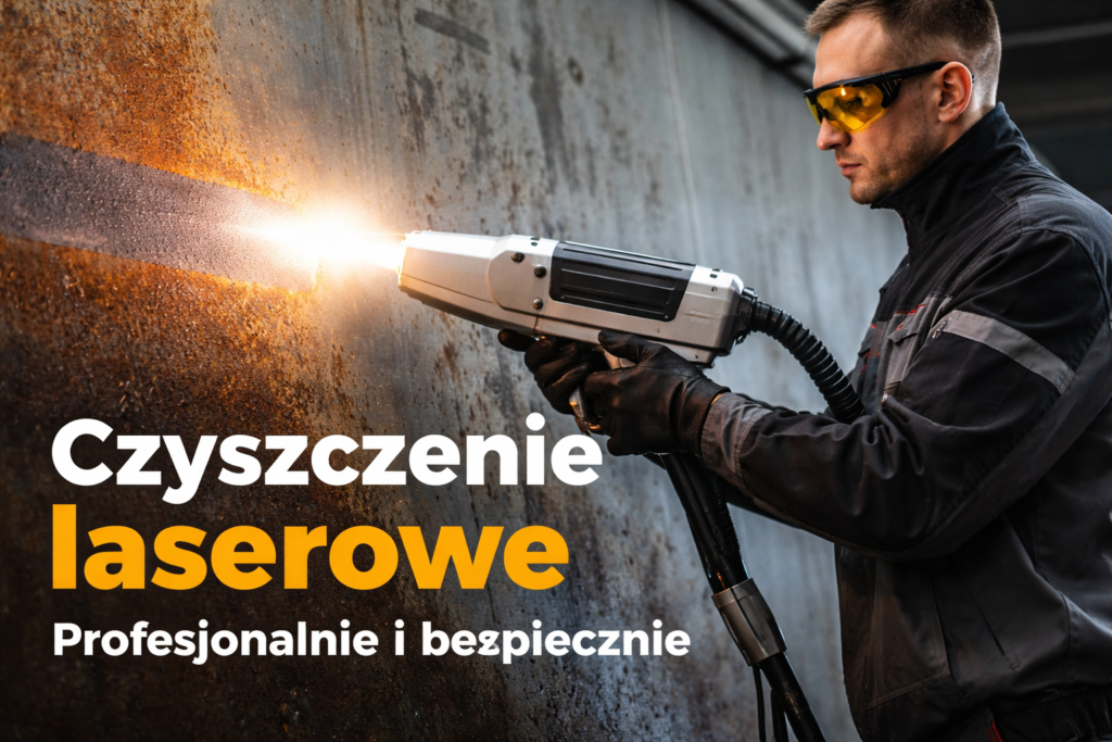 Mężczyzna używa lasera do czyszczenia powierzchni metalowej w profesjonalnym ubraniu ochronnym