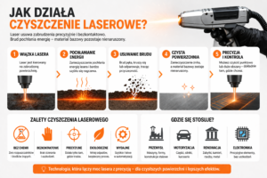 Infografika przedstawiająca proces czyszczenia laserowego oraz jego zalety i zastosowania w r&oacute;żnych branżach