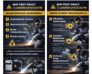 Plakat informacyjny o BHP przy pracy z laserem, przedstawiający zagrożenia i środki ochrony osobistej