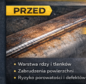 Zbliżenie na metalową powierzchnię z widoczną rdzą i tlenkami, z wypunktowanymi problemami przed obr&oacute;bką