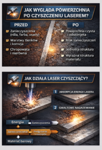 2 Infografika przedstawiająca proces czyszczenia powierzchni laserem oraz efekty przed i po zabiegu