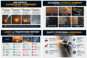 Infografika przedstawiająca zalety czyszczenia laserowego oraz por&oacute;wnanie z tradycyjnymi metodami