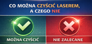 Grafika przedstawia informacje o przedmiotach, kt&oacute;re można czyścić laserem oraz tych, kt&oacute;rych nie zaleca się czyścić