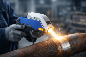Osoba trzymająca urządzenie do cięcia metalu, kt&oacute;re emituje strumień ognia na zardzewiałą rurę