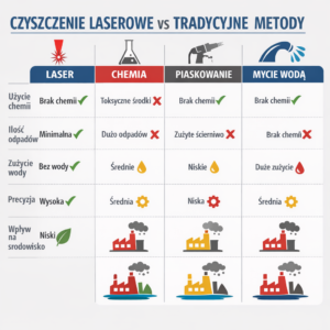 Por&oacute;wnanie metod czyszczenia laserowe, chemiczne, piaskowanie i mycie wodą, z ich zaletami i wadami