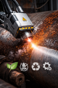 Urządzenie przemysłowe wycinające metal, generujące iskry i dym, z ikonami ekologicznymi w dolnym rogu