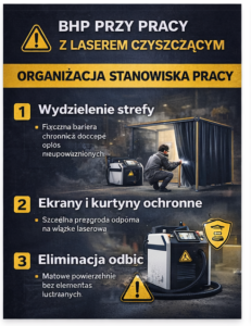 Plakat dotyczący BHP przy pracy z laserem, z instrukcjami dotyczącymi organizacji stanowiska pracy