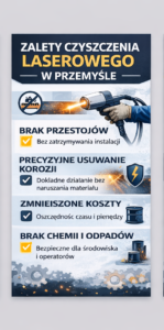 Plakat przedstawiający zalety czyszczenia laserowego w przemyśle, z informacjami o korzyściach i bezpieczeństwie