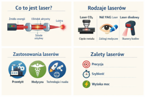 Infografika przedstawiająca zasady działania laser&oacute;w, ich rodzaje oraz zastosowania w r&oacute;żnych dziedzinach