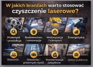 Grafika przedstawiająca branże, w kt&oacute;rych stosuje się czyszczenie laserowe, z ikonami i zdjęciami