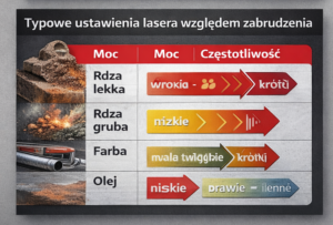 Tabela przedstawiająca ustawienia lasera w zależności od rodzaju zabrudzenia i mocy