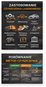 Infografika przedstawiająca zastosowanie i por&oacute;wnanie metod czyszczenia laserowego, chemicznego i dżembazowego